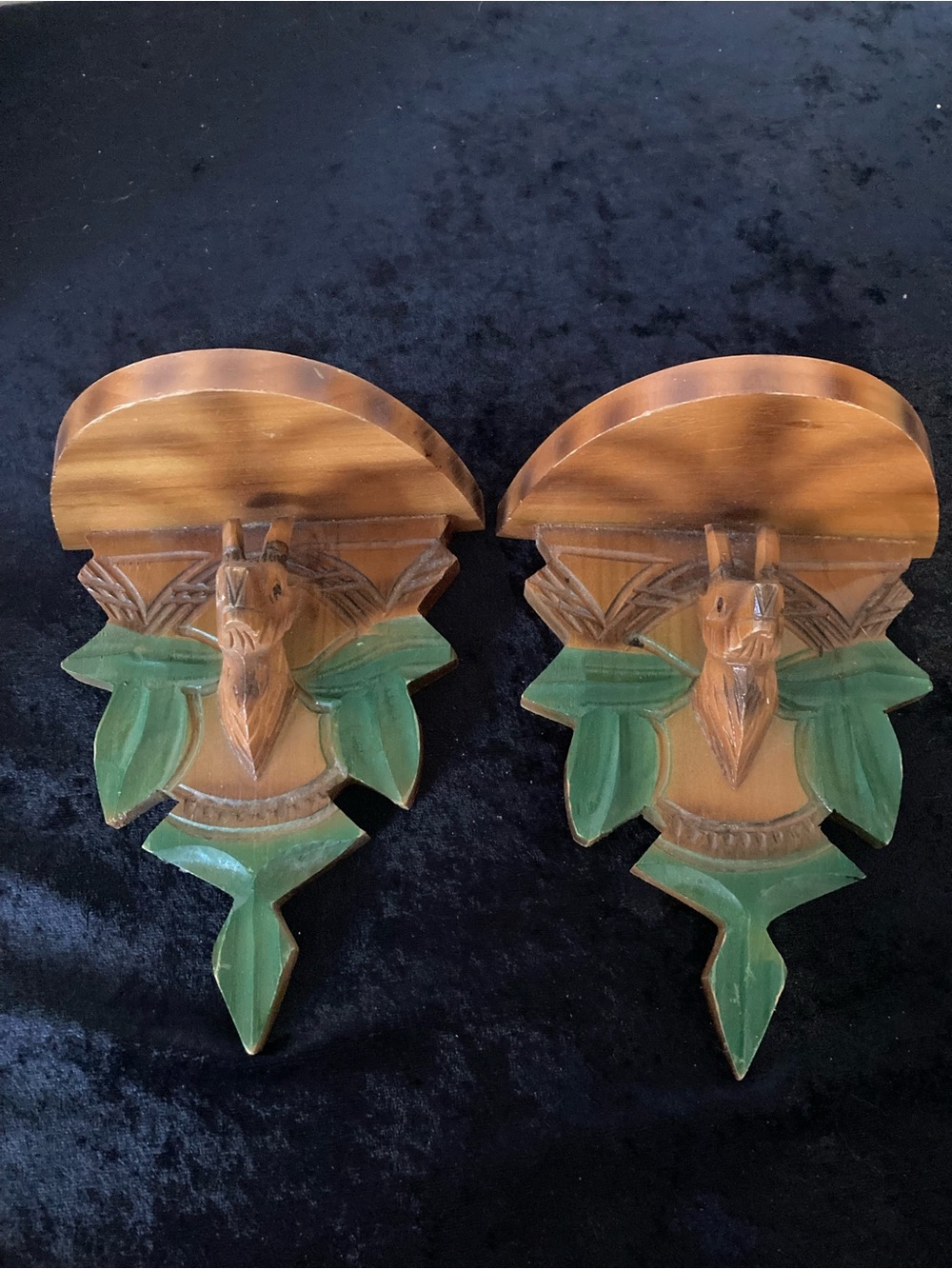 Hand-Carved Wooden Goat Head Wall Shelves Vintage in Brown and Green